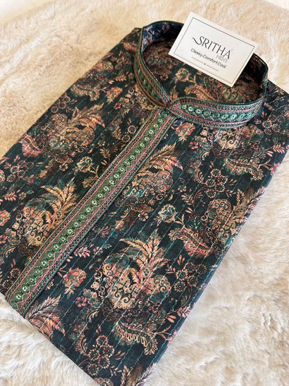 SM0326-06-05 Dark Green Floral With Transparent Sequins Soft Cotton Blend Kurta Set