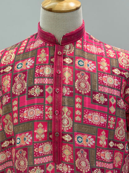 SM1225-01-12 Rani Pink & Gold White Soft Cotton Silk Kurta