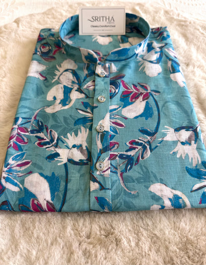 SM0626-01-01 Blue & White Floral Design Printed Linen Blend Kurta