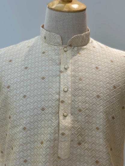 SM0525-02-04 Cream & Gold Silk Blend Kurta Set