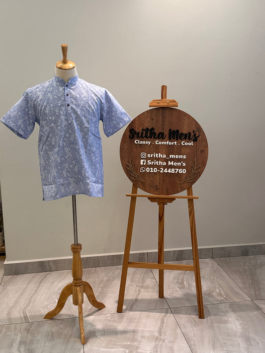 SM0126-18-07 Light Blue & White Floral Print Short Cotton Kurta