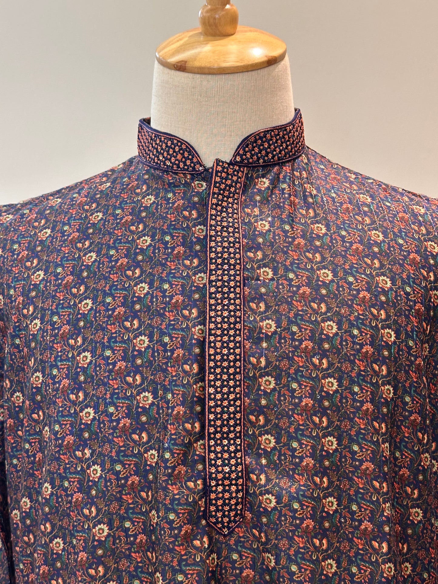 SM0326-06-04 Dark Blue & Red Floral With Sequins Soft Cotton Blend Kurta Set