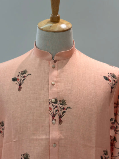 SM0825-01-08 Peach Orange Leaf & Floral Cotton Kurta