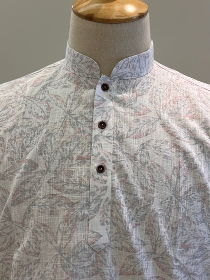 SM0126-18-09 White & Grey Print Short Cotton Kurta