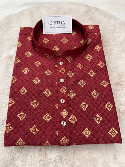 SM0126-01-03 Red & Gold Printed Cotton Kurta