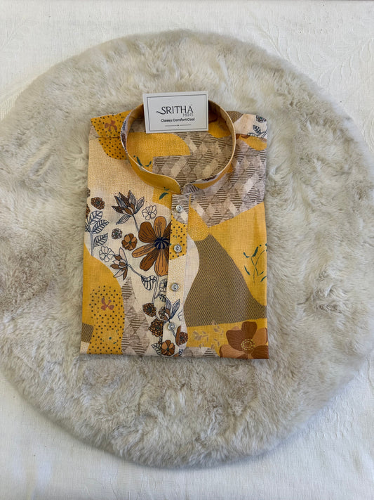 SM0626-01-06 Yellow Floral Printed Linen Blend Kurta