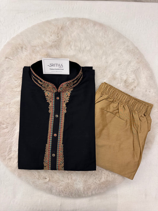 SM0625-06-03 Black & Gold Soft Cotton Silk Blend Kurta Set