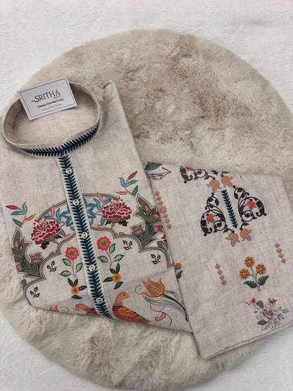 SM0226-01-01 Beige & Blue Leaf Floral Cotton Linen Kurta Set