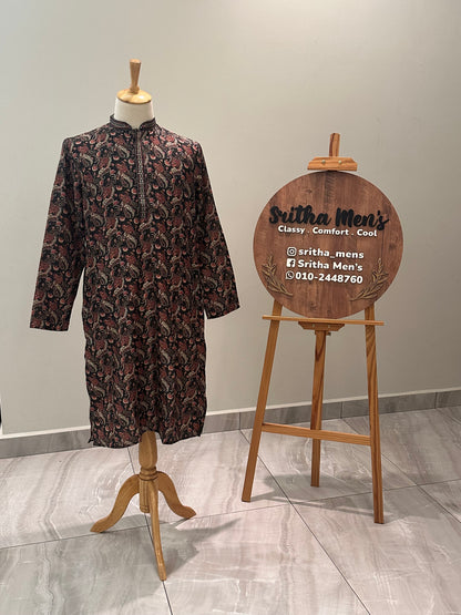 SM0326-06-07 Black & Red Paisley Design with  Sequins Soft Cotton Blend Kurta Set