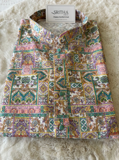 SM0525-02-10 Purple Green Soft Cotton Kurta Set