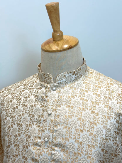 SM0626-02-15 Cream Based Gold Design Jacquard Silk Kurta Set