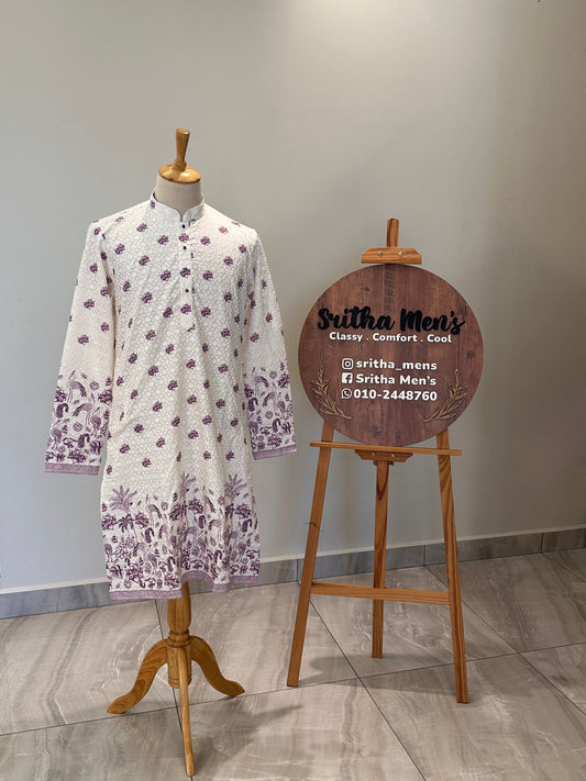 SM0326-02-06 White Lavender Flamingo & Floral Thread-work Design