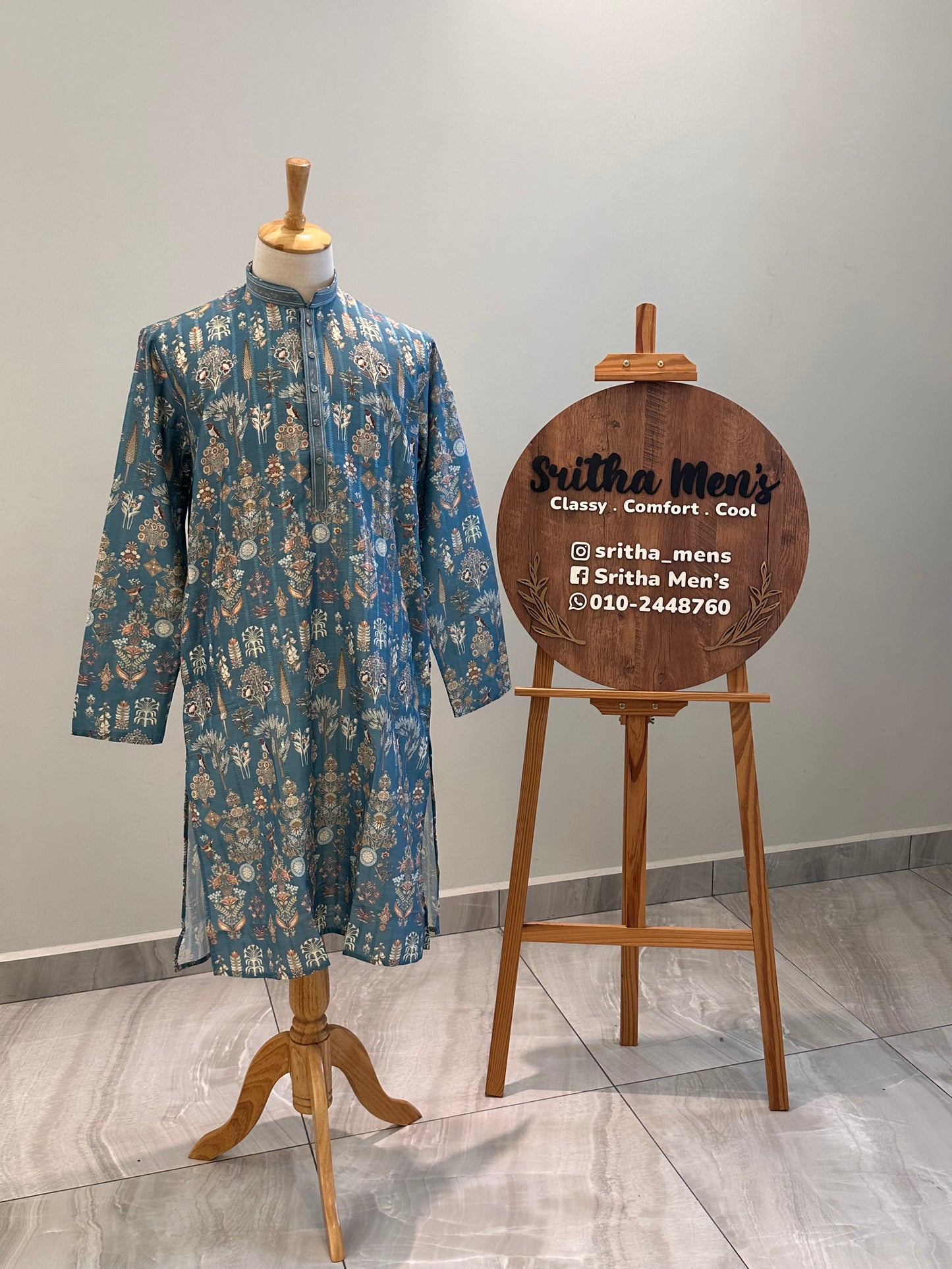 SM1225-01-11 Blue Floral Soft Cotton Silk Kurta
