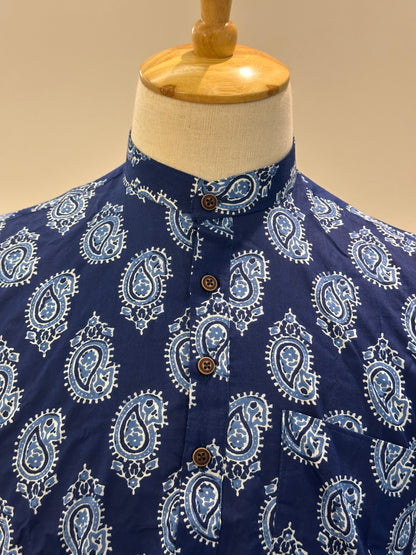 SM0326-16-07 Dual Tone Blue Print Short Cotton Kurta