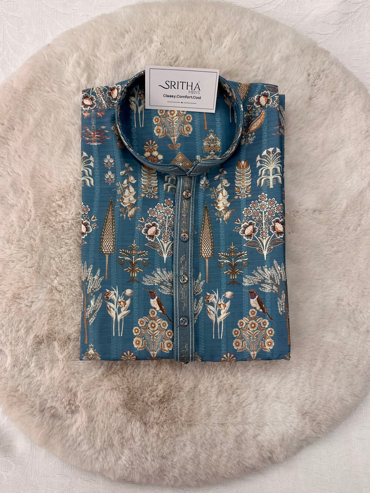 SM1225-01-11 Blue Floral Soft Cotton Silk Kurta