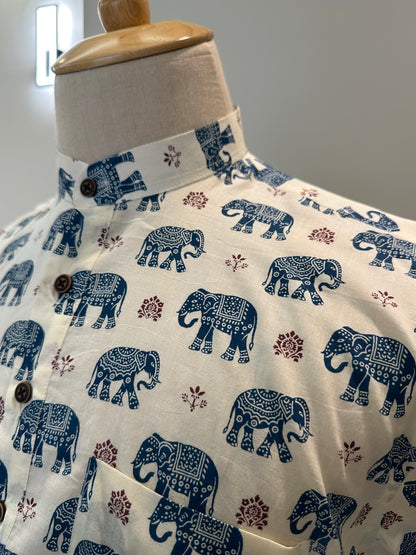 SM1025-16-02 White Base Blue Elephant Print Short Cotton Kurta