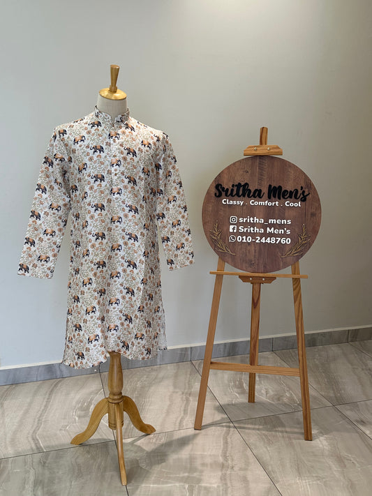 SM0725-02-01 White & Blue Elephant Soft Silk Blend Kurta Set