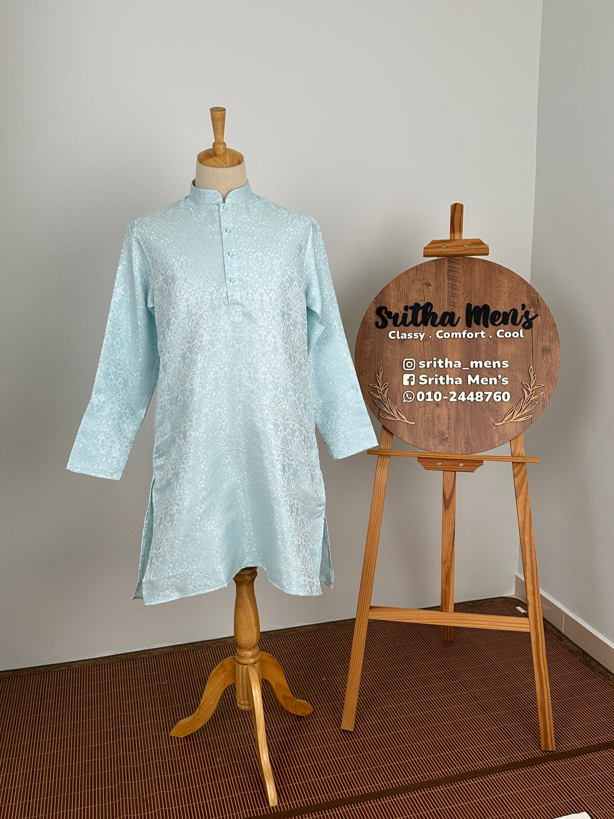 SM0826-02-03 Pastel Blue & Silver Soft Jacquard Silk Blend Kurta Set