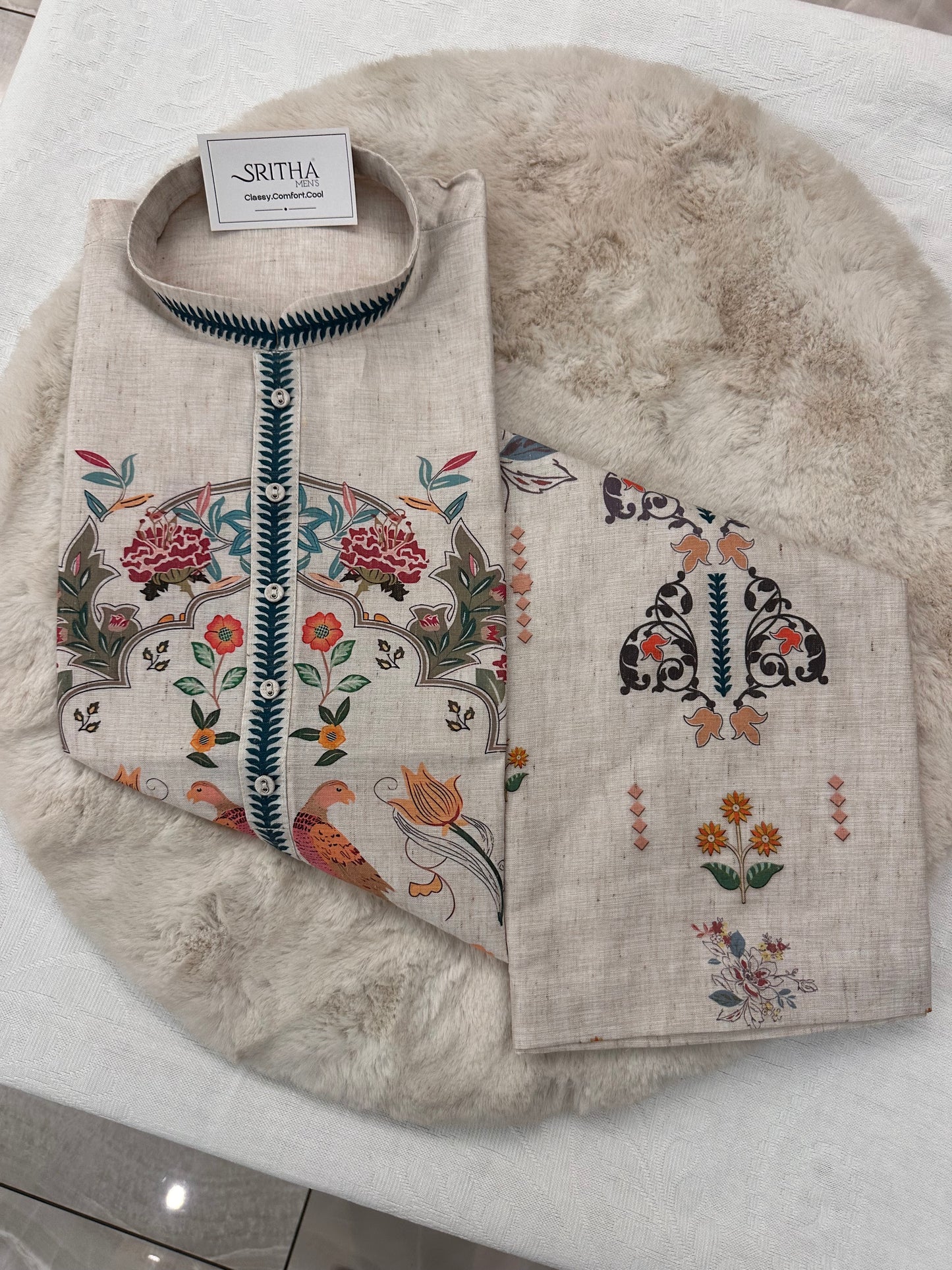 SM0226-01-01 Beige & Blue Leaf Floral Cotton Linen Kurta Set