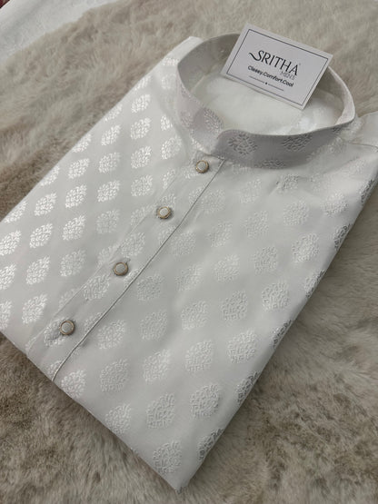 SM0526-02-01 White & Silver Soft Silk Blend Kurta Set