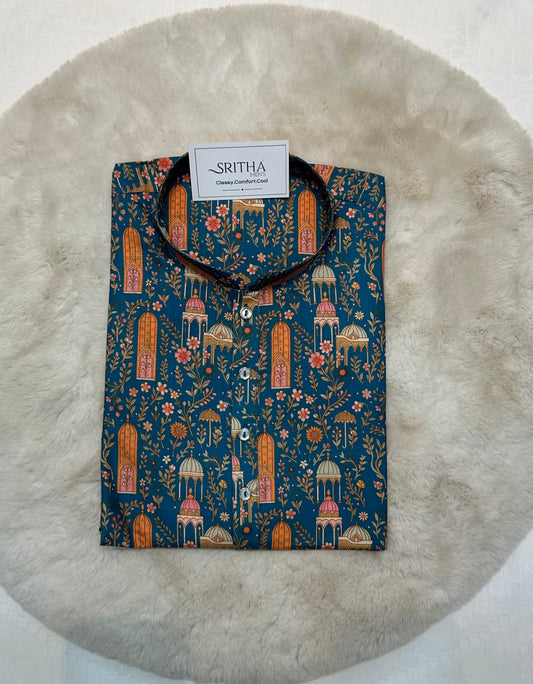 SM0726-01-07 Teal Base Printed Soft Cotton Kurta