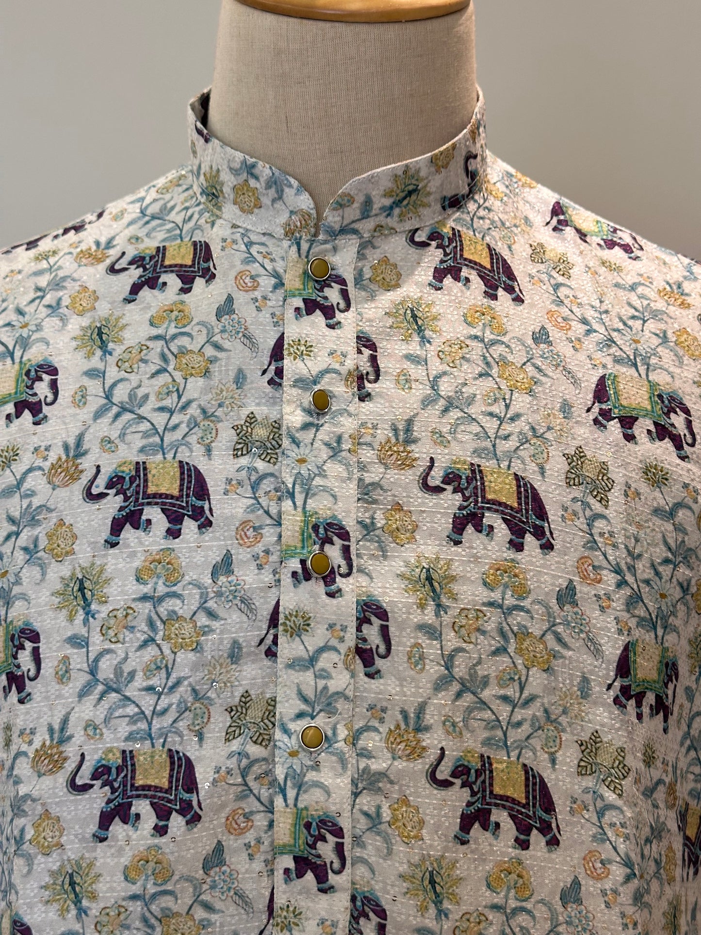 SM1125-02-06 Off White Blue Elephant Print Soft Silk Blend Kurta Set