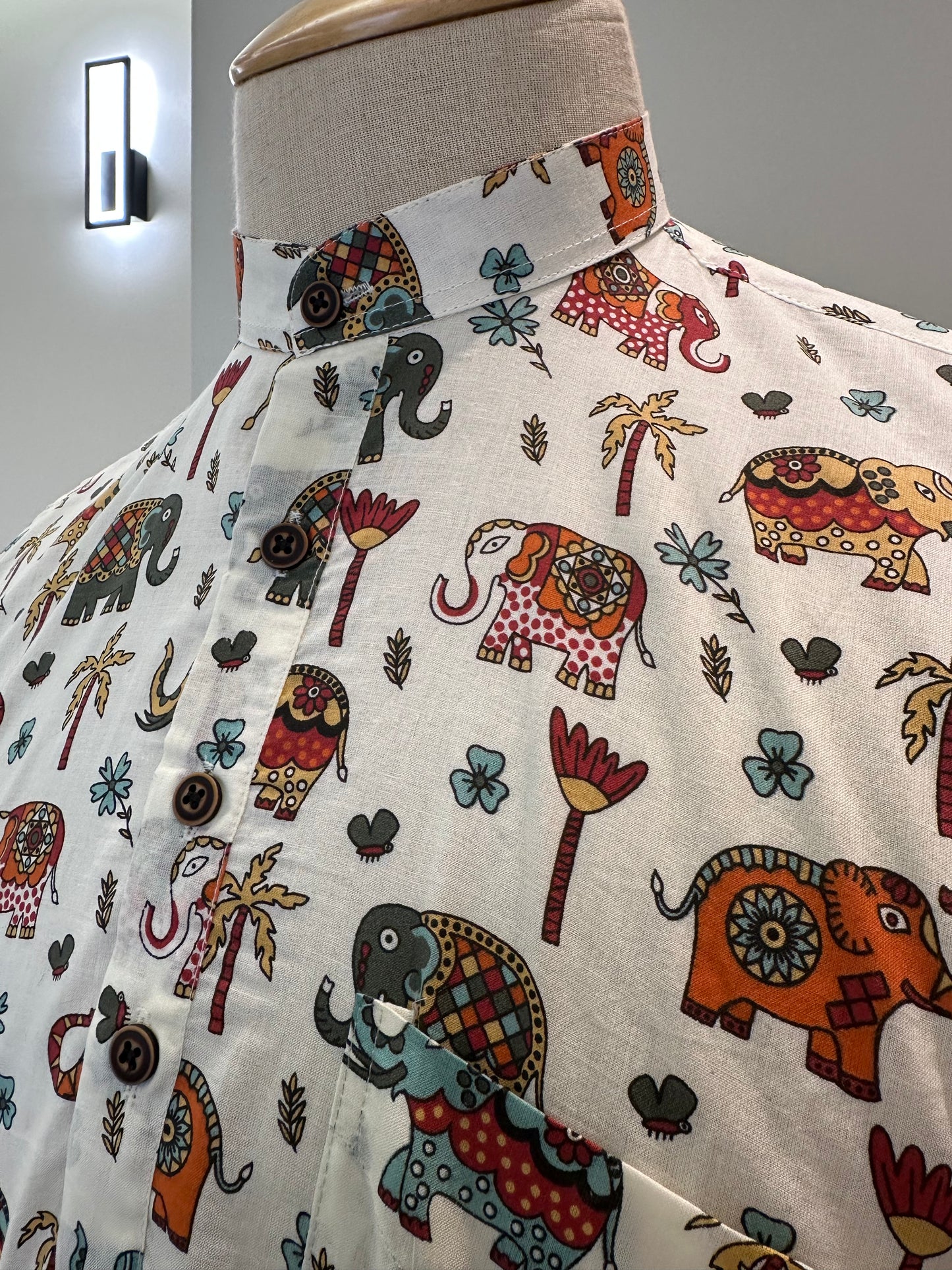 SM1025-16-03 White Base Multicolour Elephant Print Short Cotton Kurta