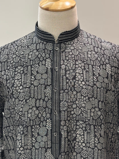 SM1225-01-13 Black & White Soft Cotton Silk Kurta