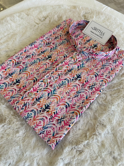 SM0625-01-07 Pink Blue White Khadi Silk Kurta
