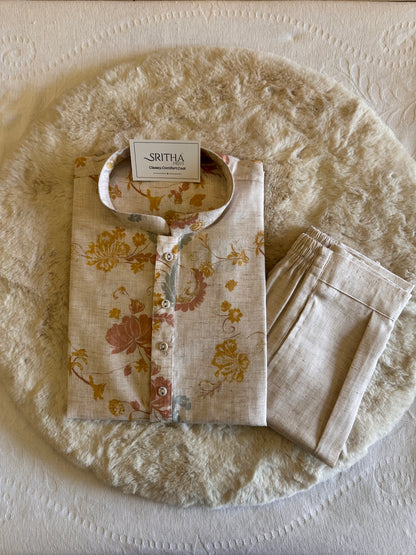 SM0226-01-05 Beige & Pink Yellow Floral Cotton Linen Kurta Set