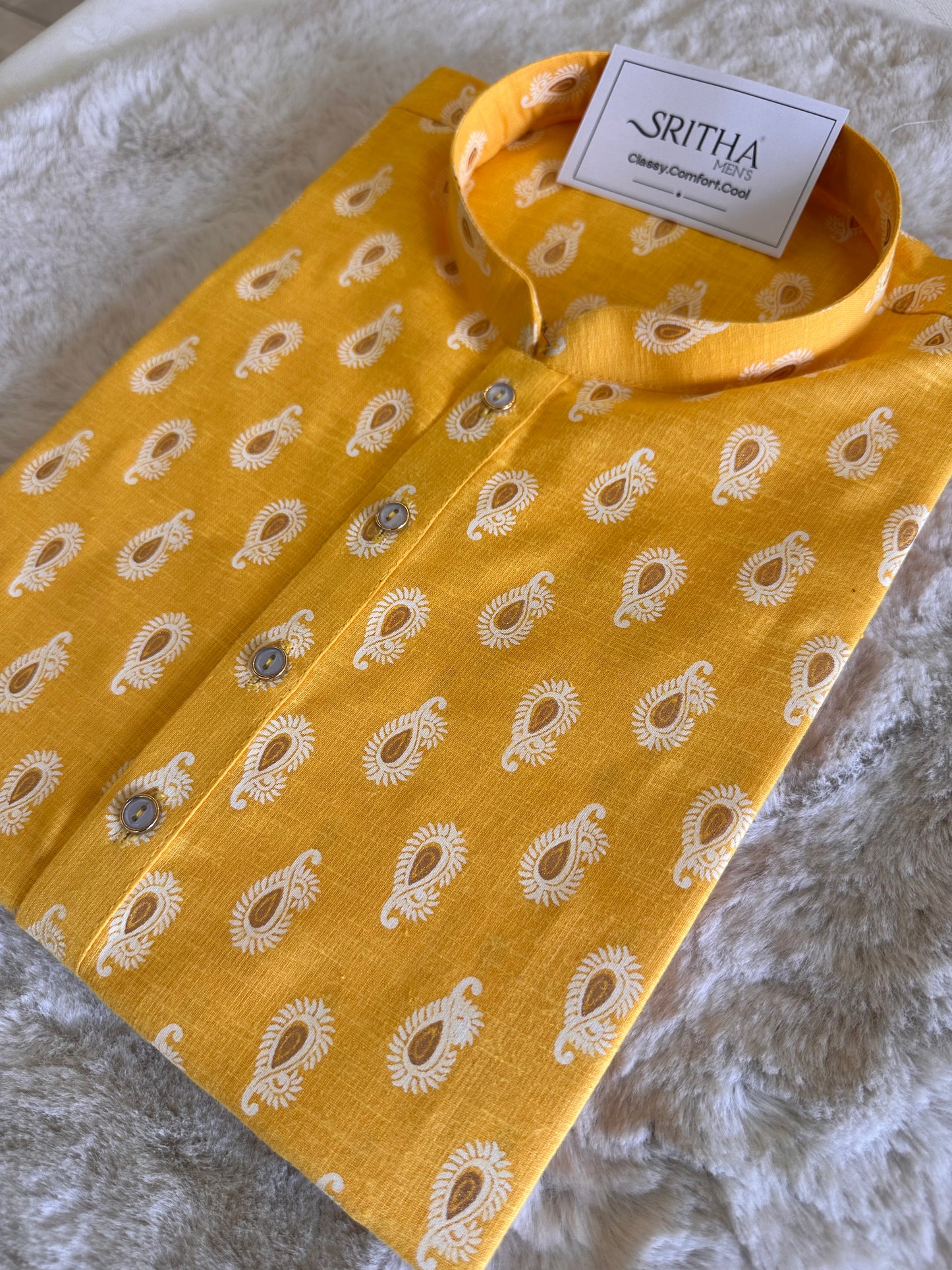 SM0126-01-01 Yellow & White Printed Cotton Kurta