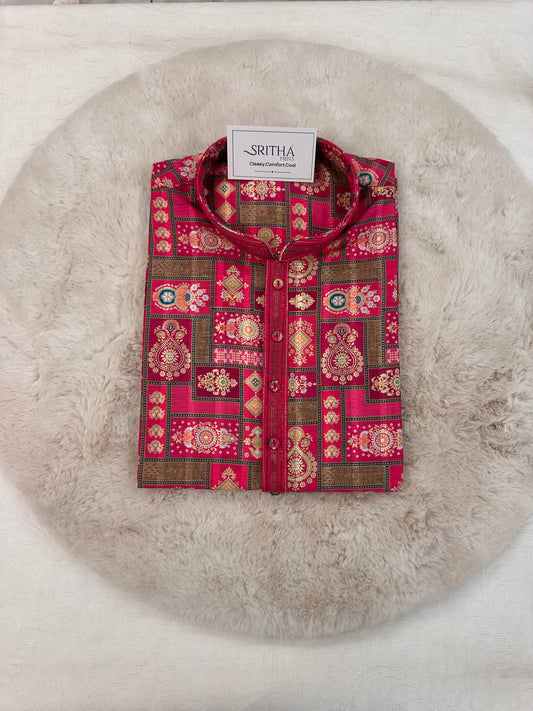 SM1225-01-12 Rani Pink & Gold White Soft Cotton Silk Kurta