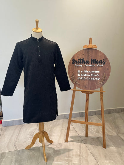 SM0626-02-03 Black Embossed  Design Silk Blend Kurta Set