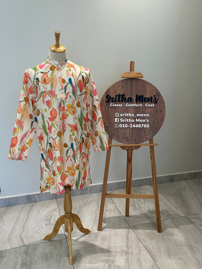 SM0626-01-05 Cream Based Multi Shade Printed Linen Blend Kurta