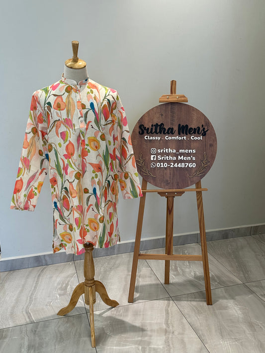 SM0626-01-05 Cream Based Multi Shade Printed Linen Blend Kurta