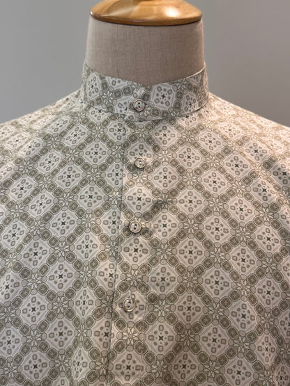 SM1025-18-02 White & Green Cotton Blend Short Kurta