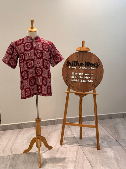 SM1025-18-08 Red Tribe Print Short Cotton Kurta