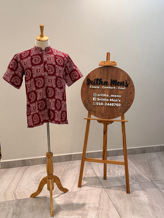 SM1025-18-08 Red Tribe Print Short Cotton Kurta