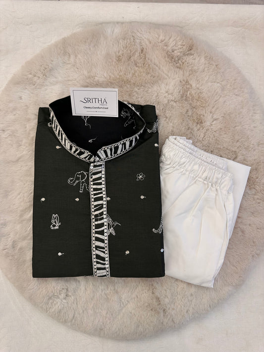 SM1125-02-07 Olive Green with Thread work Cotton Blend Kurta Set