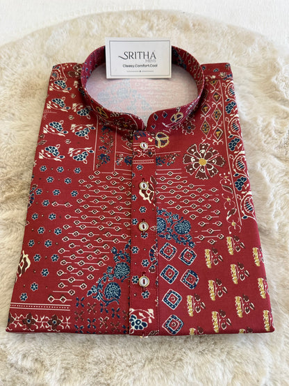 SM1225-01-01 Brick Red Floral Khadi Silk Kurta