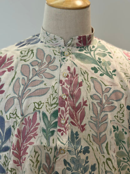 SM0825-01-05 Beige Leaf Motif Cotton Kurta