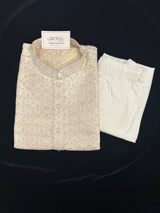 SM0626-02-16 Dual Shade Ivory & Gold Jacquard Silk Kurta Set