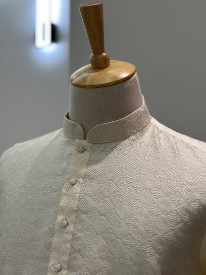 SM0525-02-01 Cream Heat Embossed Design Silk Blend Kurta Set