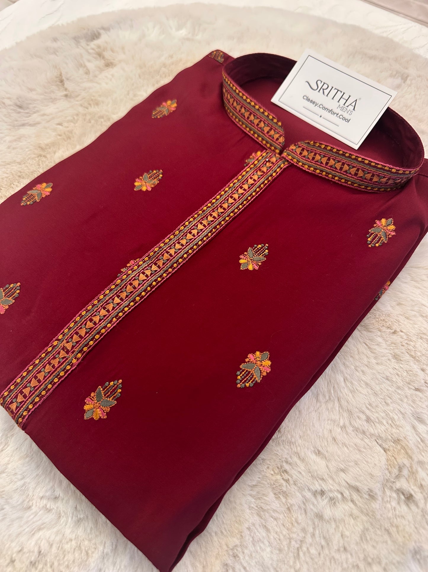 SM1125-06-04 Red Soft Silk & Colourful Embroidery Kurta Set