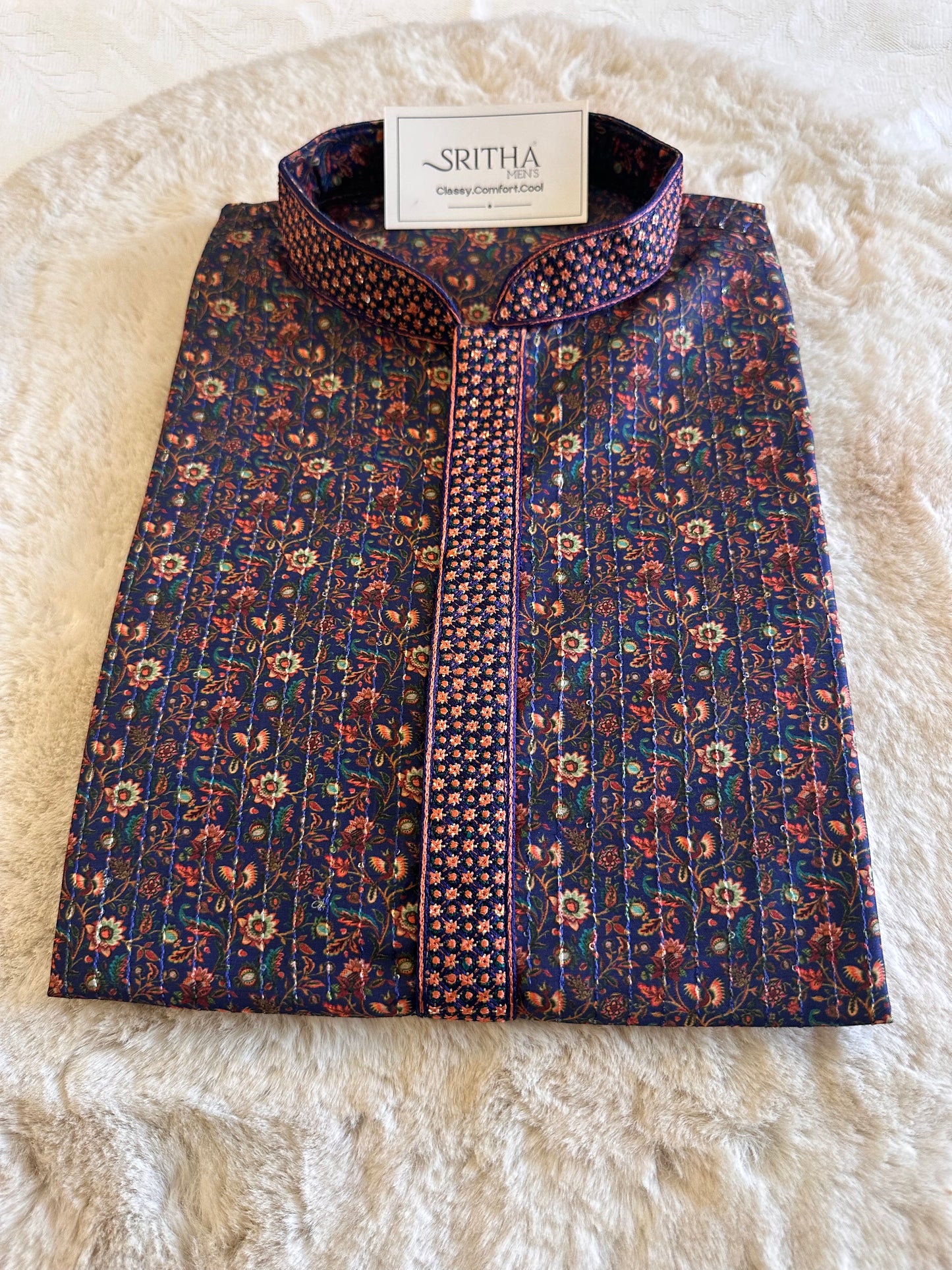 SM0326-06-04 Dark Blue & Red Floral With Sequins Soft Cotton Blend Kurta Set