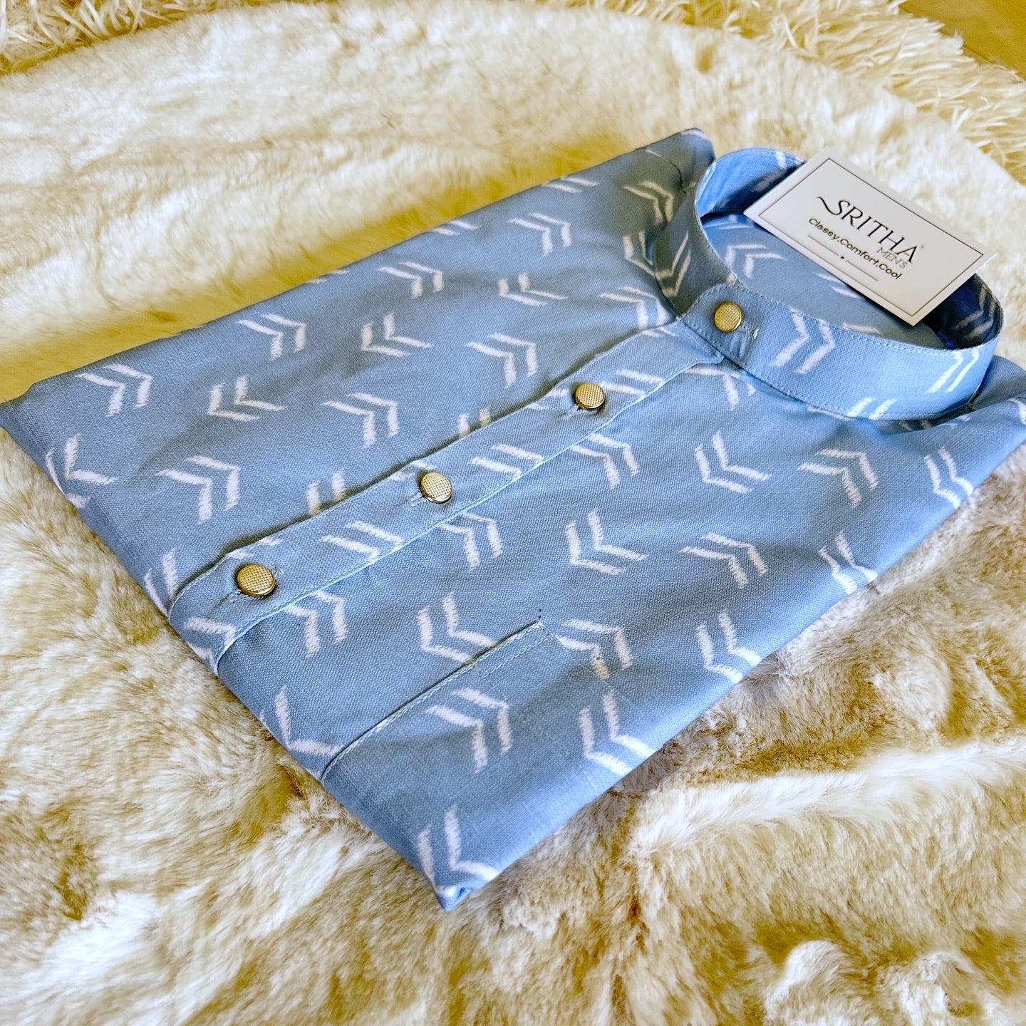 SM0324-01-12 Light Blue Arrow Short Cotton Kurta