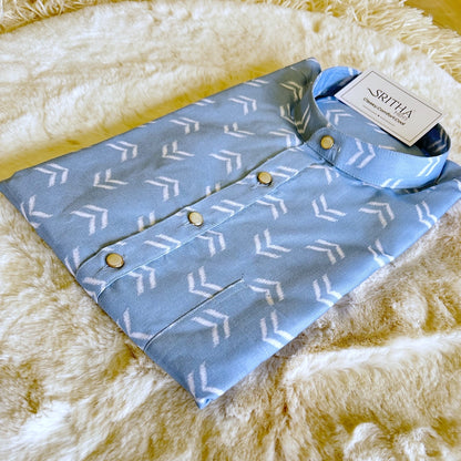 SM0324-01-12 Light Blue Arrow Short Cotton Kurta