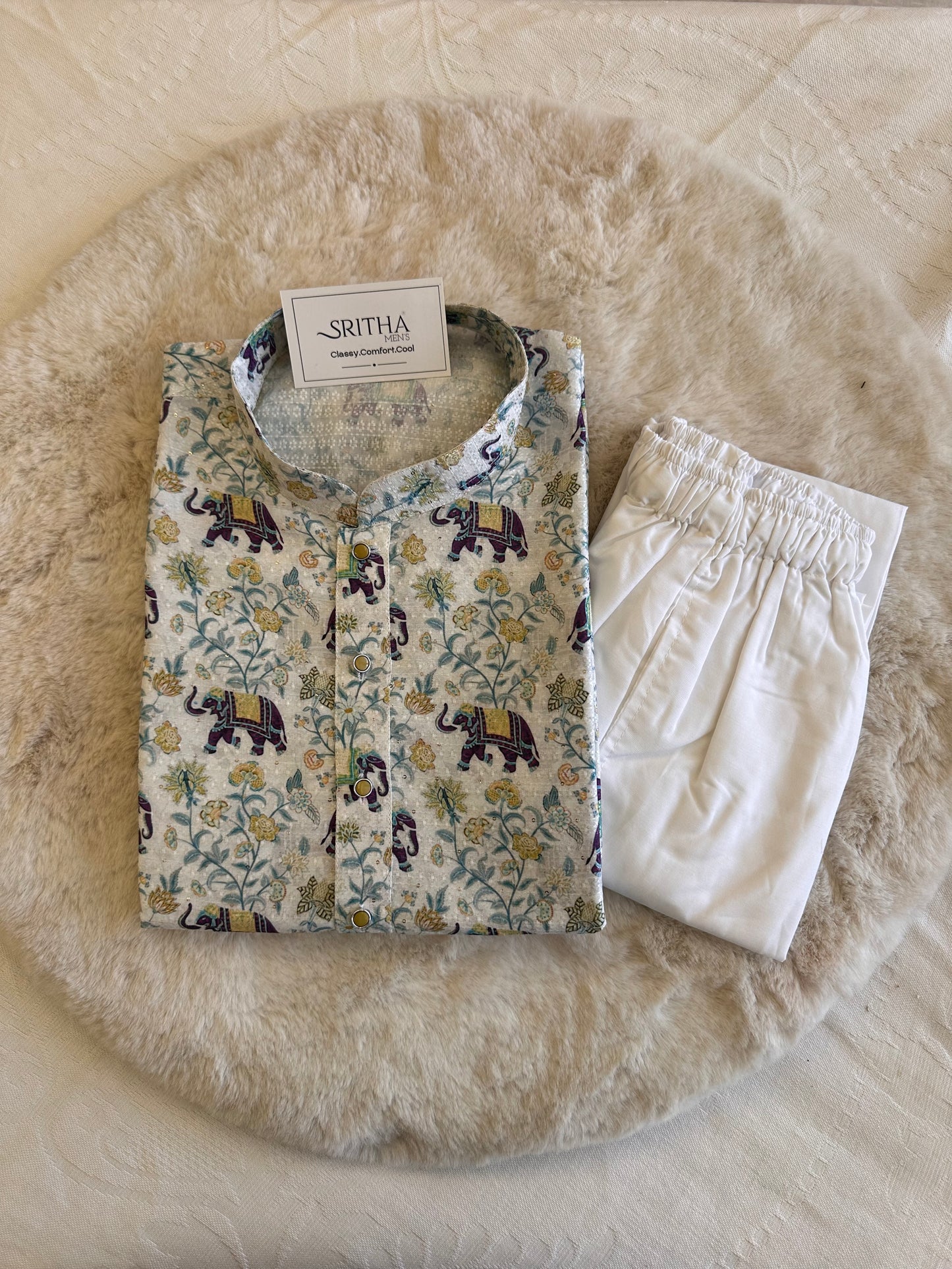 SM1125-02-06 Off White Blue Elephant Print Soft Silk Blend Kurta Set