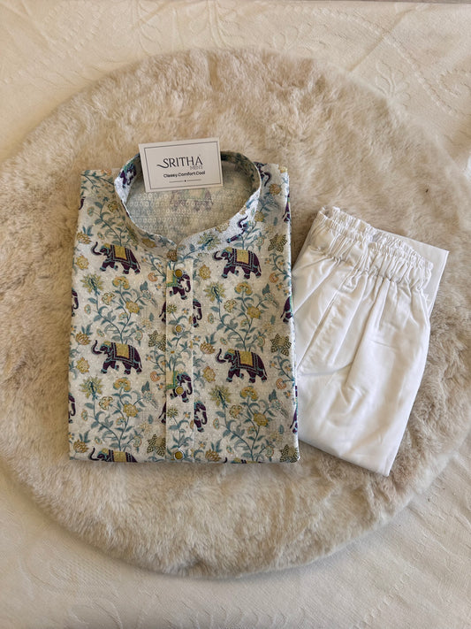 SM1125-02-06 Off White Blue Elephant Print Soft Silk Blend Kurta Set