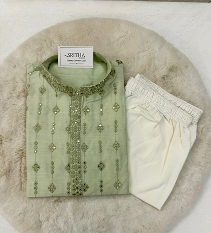 SM0325-06-05 Light Green Grand Mirror Work Soft Cotton Blend Kurta Set